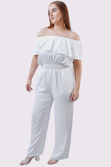 Plain Ruffle Trim Shirred Waist Jumpsuit