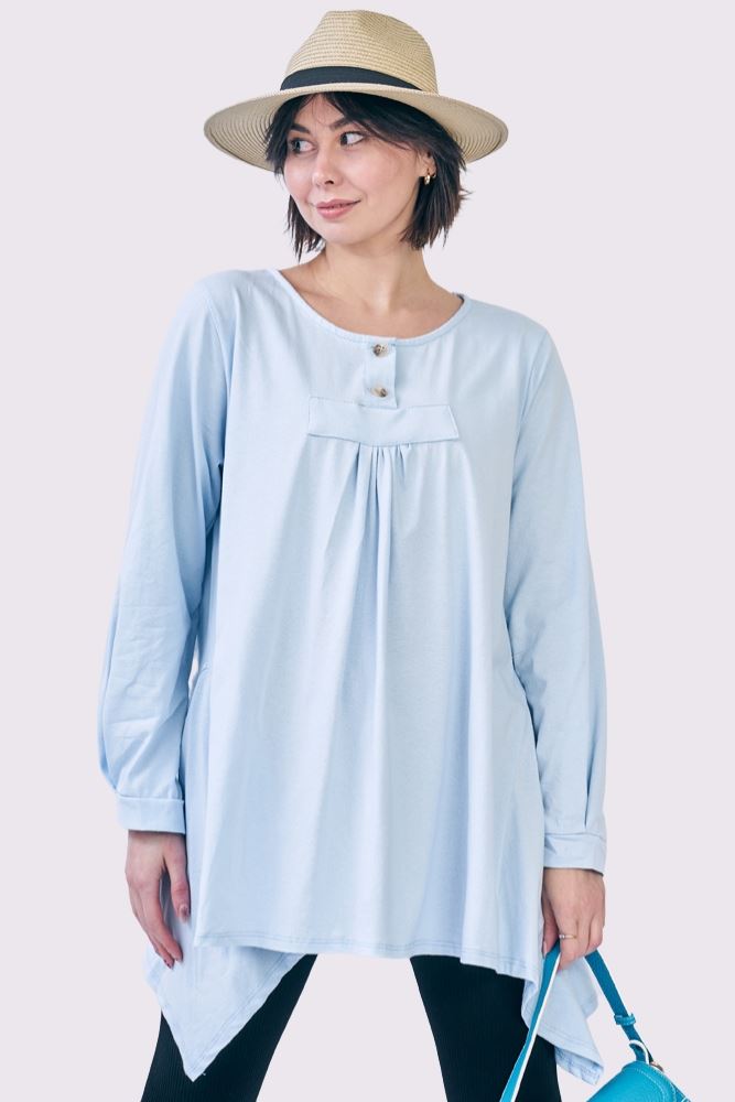 Plain Front Button Detail Hanky Hem Cotton Top