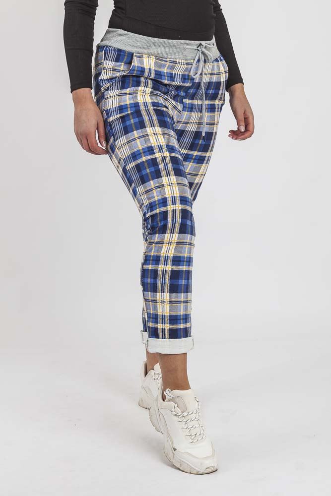 Cotton Tartan Print Foldover Hem Trouser