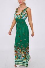 Sun Flower Print Shirred Waist Wrapover Dress