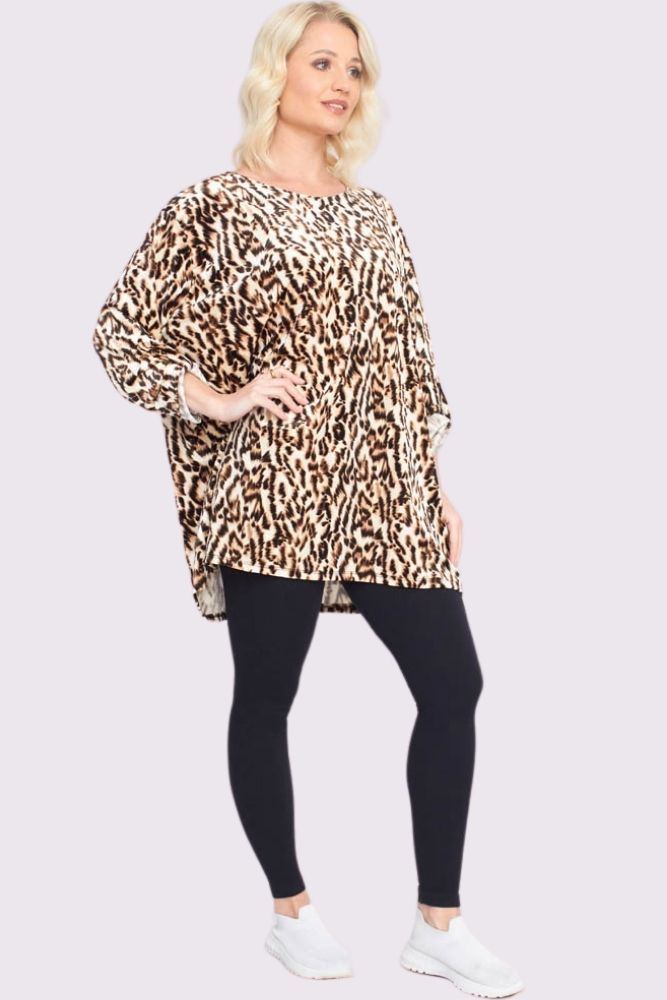 Buy Animal Print Button Up Sleeve Dip Hem Top in Bulk