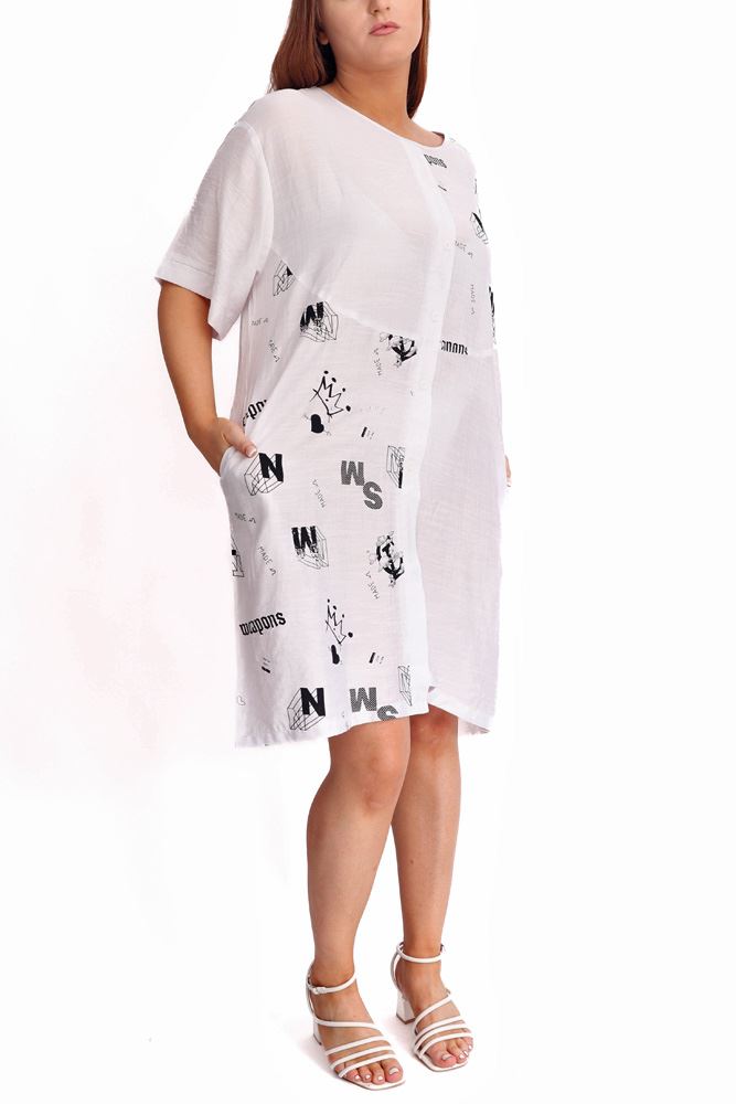 Button-Front Alphabet Print Dress