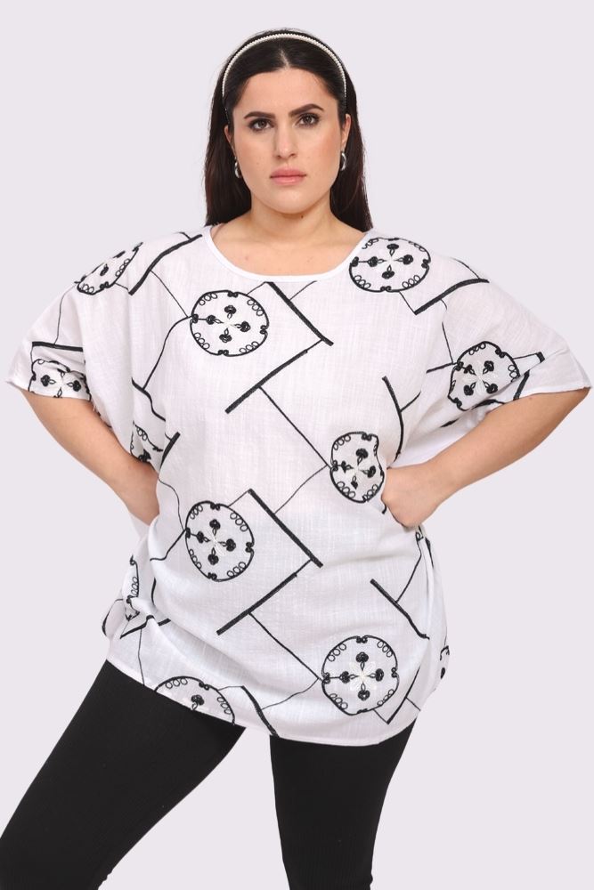 Embroidered Abstract Print Tunic Cotton Top