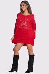 Rudolph Be Good Rhinestone Detail Oversized Side Pockets DipHem Cotton Top