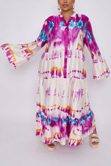 Tie Dye Print Button Up Tiered Flared Dress