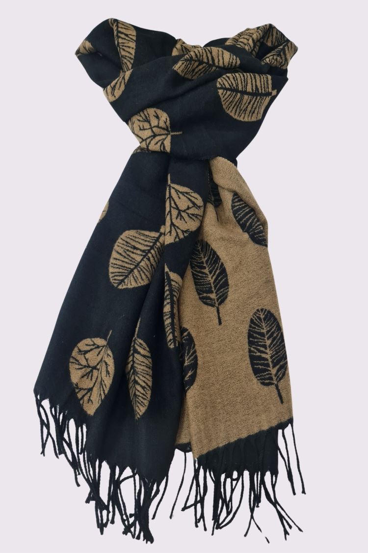 Two Tone Leaves Print Tassel Scarves