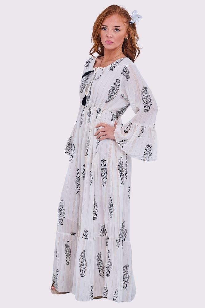 Paisley Print Round Neckline with Keyhole Tassel String Dress