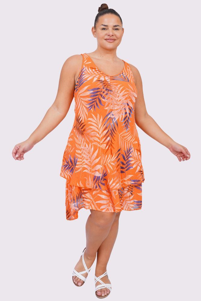 Tropical Leaves Print Layered Hem Cotton Dress