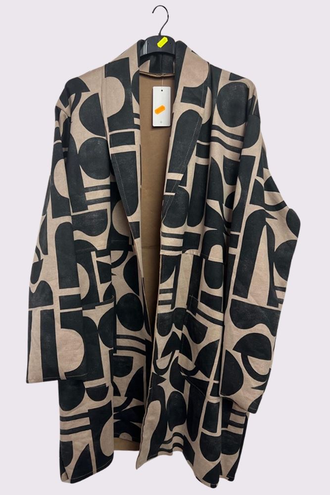 Geometric Print Faux Suede Pockets Oversized Jacket