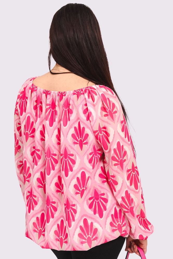 Floral Print Oversized Drawstring Neckline Top