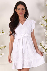 Cutwork Pattern Cotton Belted Dress