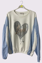 Sequin Foil Love Heart Stripe Sleeve Jumper