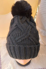 Twist Knit Pattern PomPom Beanie Hat