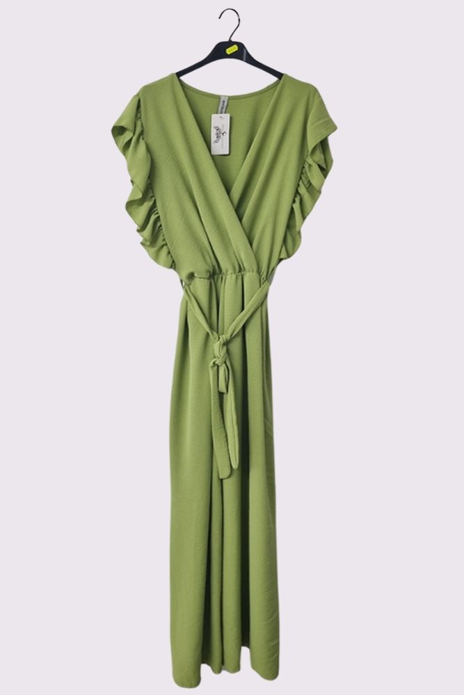 Plain Ruffle Sleeve Wrapover Belted Jumpsuit