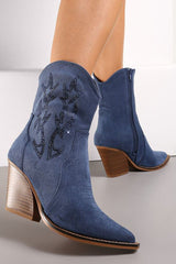 Suede Diamante Heel Zip Up Cowgirl Boot