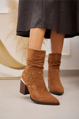 Suede Studded Details Side Zip Heel Boot