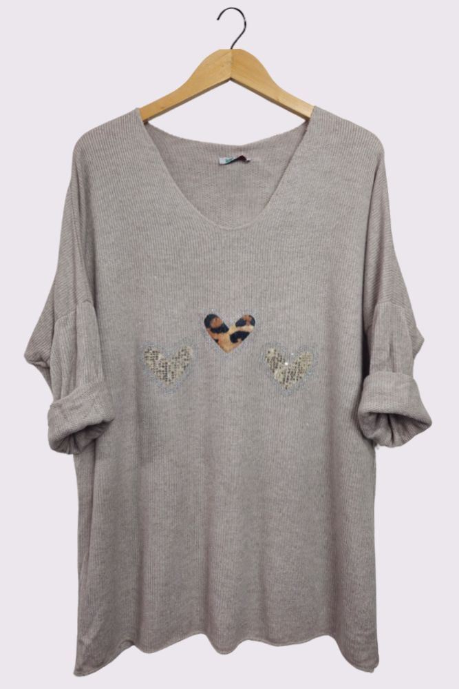 3 Heart Diamante Detail Soft Knit Ribbed Style Top