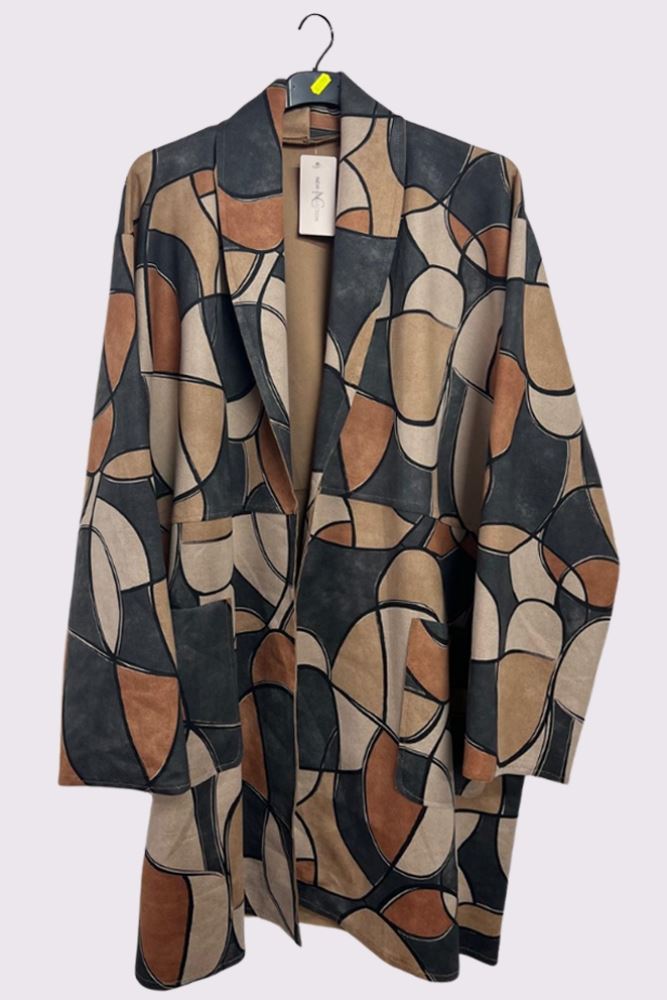 Retro Shape Print Faux Suede Pockets Oversized Jacket