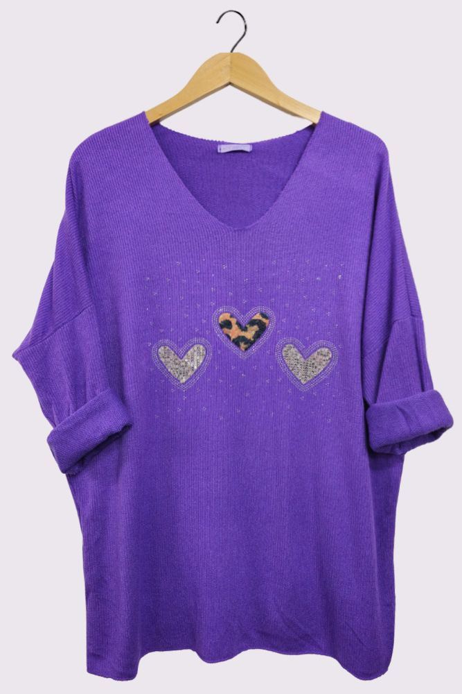 3 Heart Diamante Detail Soft Knit Ribbed Style Top