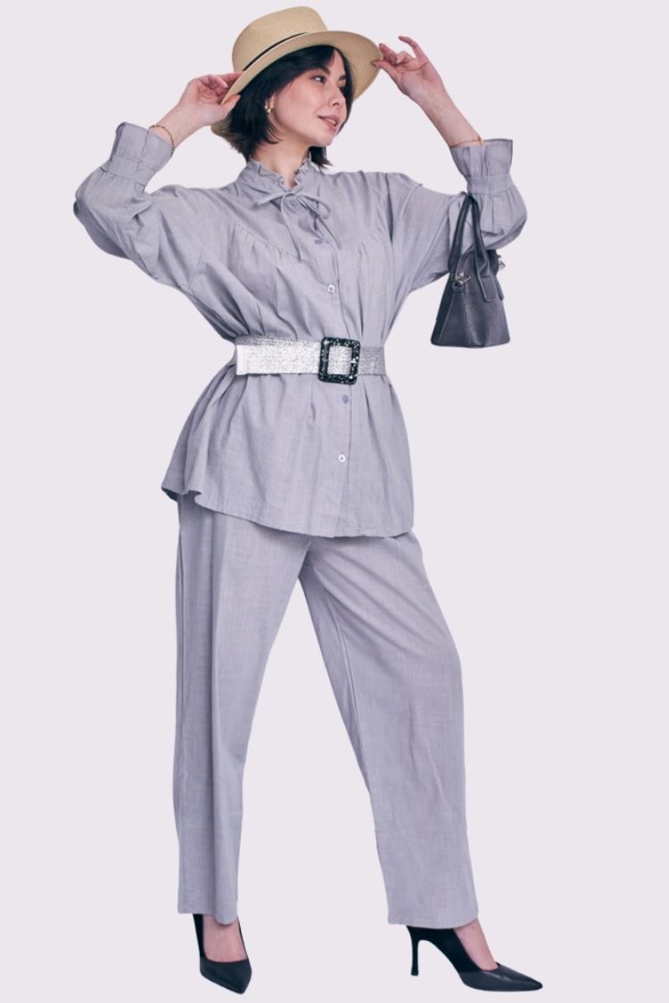 Plain Collar Button Up Cotton Co-Ord Set