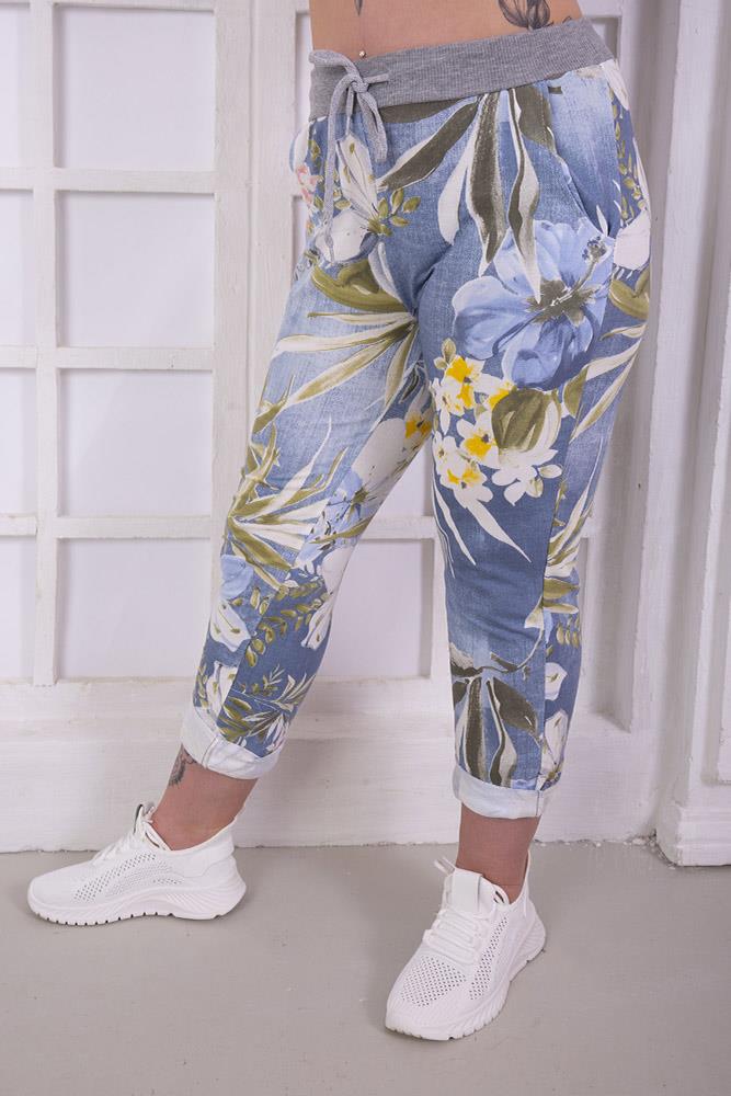 Cotton Tropical Floral Print Drawstring Trouser