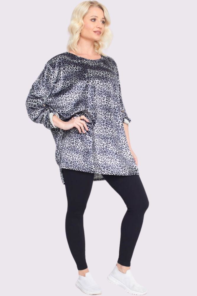 Buy Animal Print Button Up Sleeve Dip Hem Top in Bulk