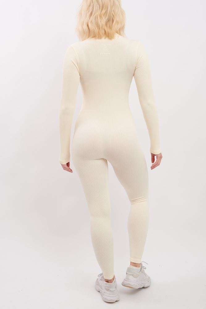 Plain Ribbed Zip Up Seamless Nylon Jumpsuit