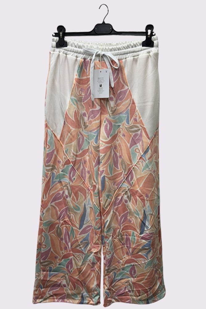 Two Tone Abstract Leaf Print Wide Leg Trousers